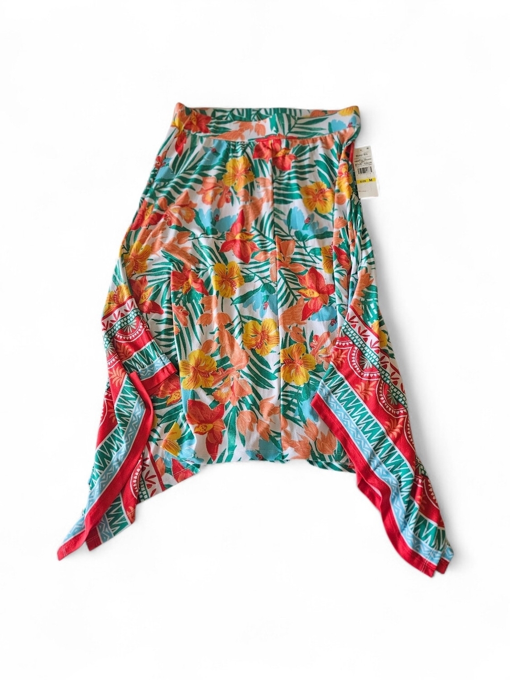 Ruby Rd Tropical Hibiscus Handkerchief Hem Maxi Skirt Teal Floral Pull-On Size M